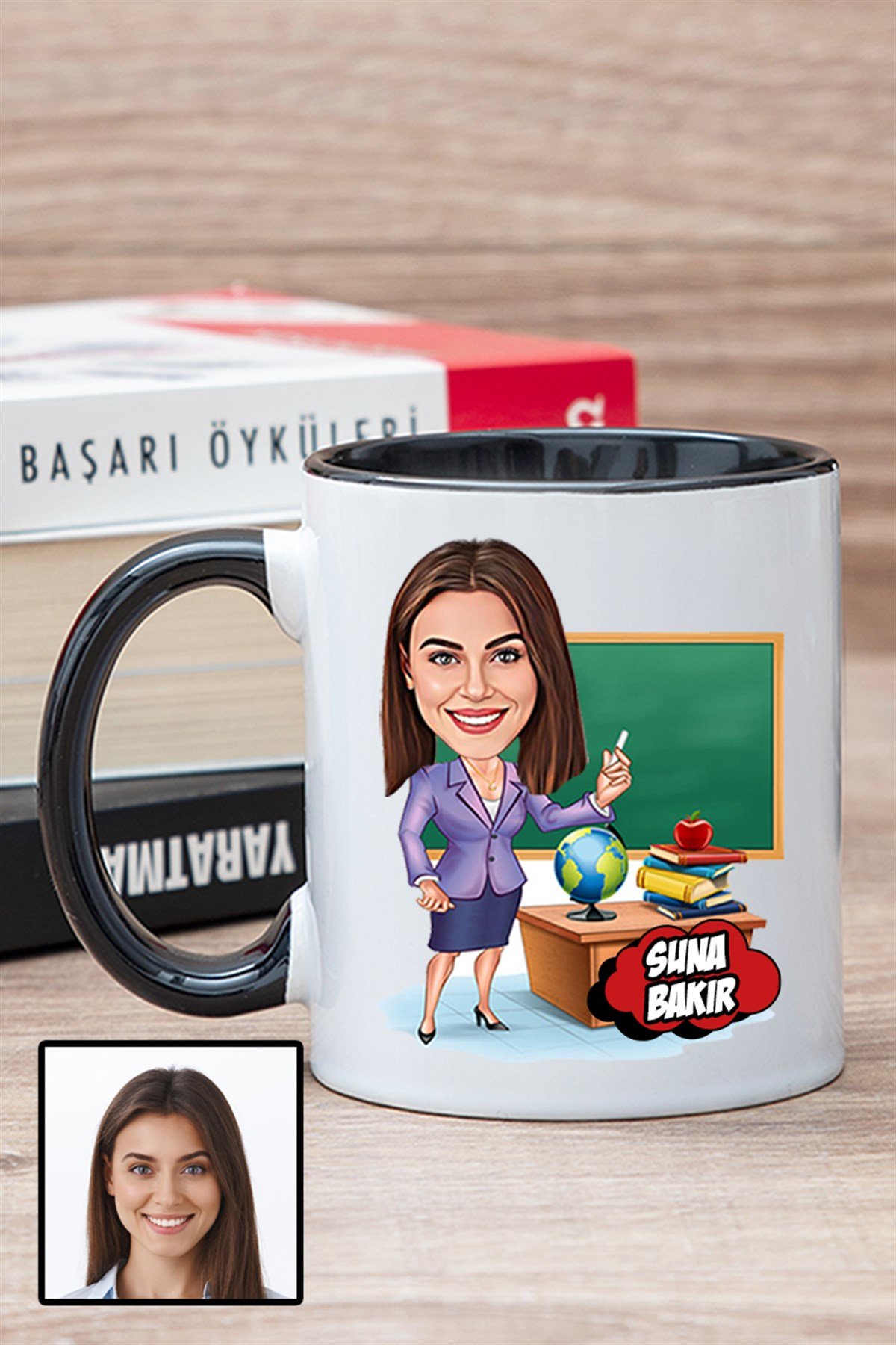 Kadın Öğretmene Özel Hediye Karikatürlü İçi Renkli Kupa Bardak