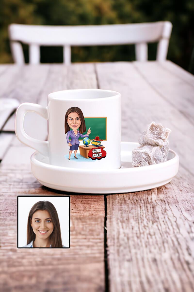 Kadın Öğretmene Özel Hediye Karikatürlü Concept Türk Kahvesi Fincanı