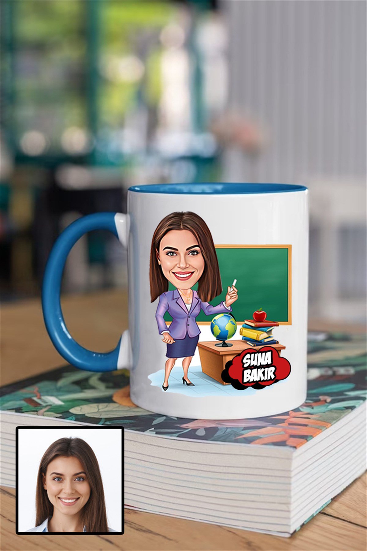 Kadın Öğretmene Özel Hediye Karikatürlü İçi Renkli Kupa Bardak
