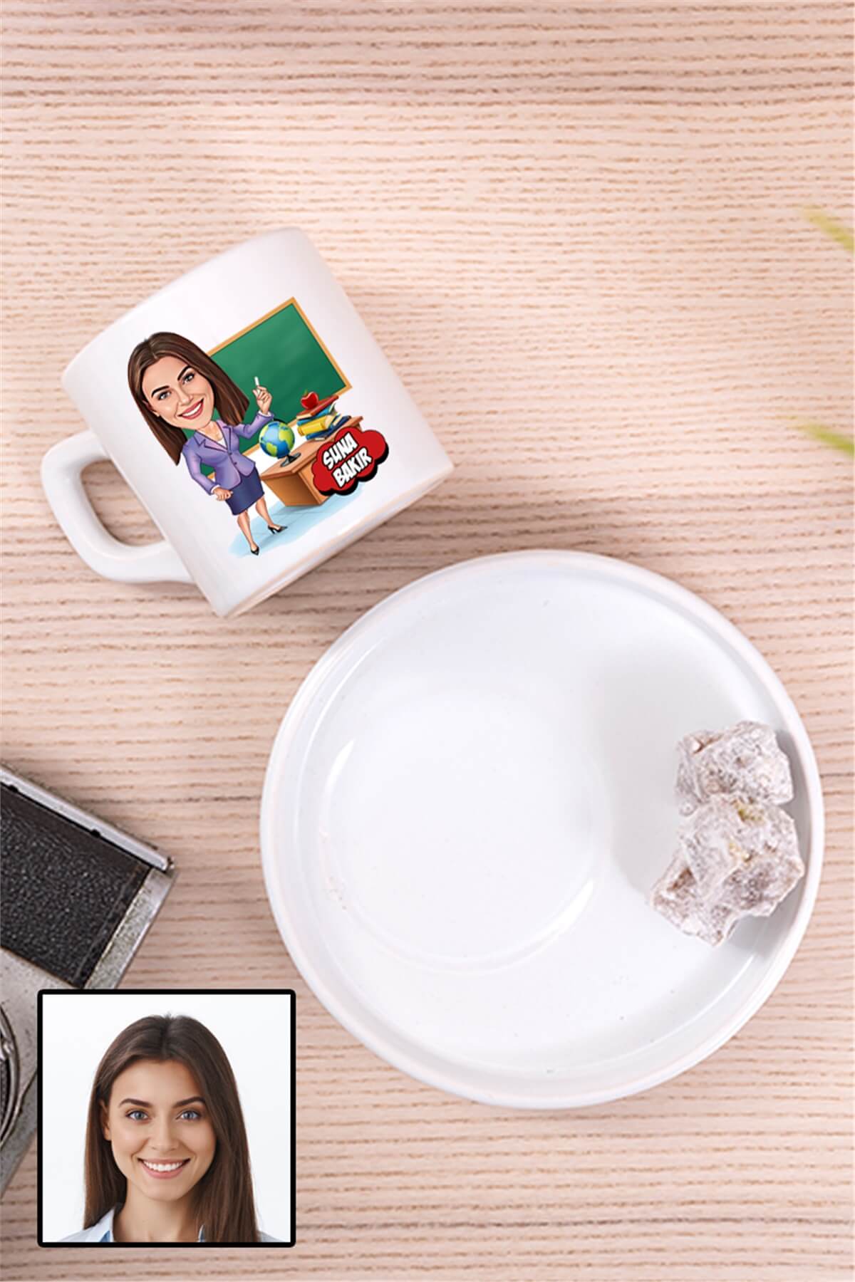 Kadın Öğretmene Özel Hediye Karikatürlü Concept Türk Kahvesi Fincanı