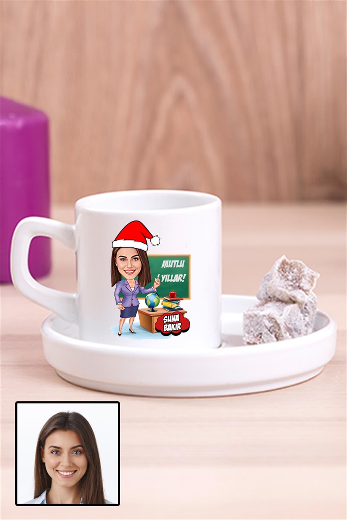 Kadın Öğretmene Özel Yılbaşı Hediyesi Karikatürlü Concept Türk Kahvesi Fincanı