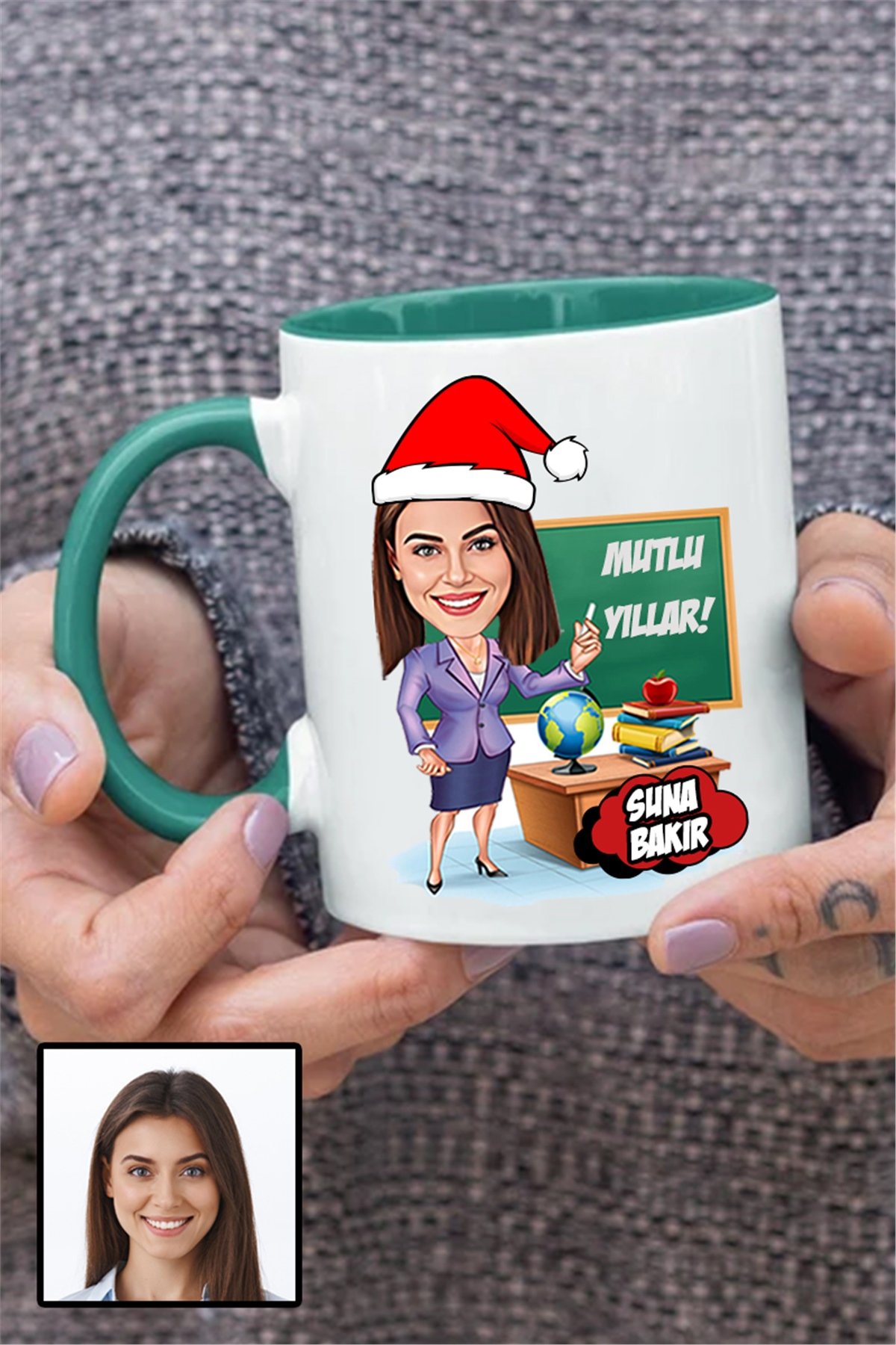Kadın Öğretmene Yılbaşı Hediyesi Karikatürlü İçi Renkli Kupa Bardak