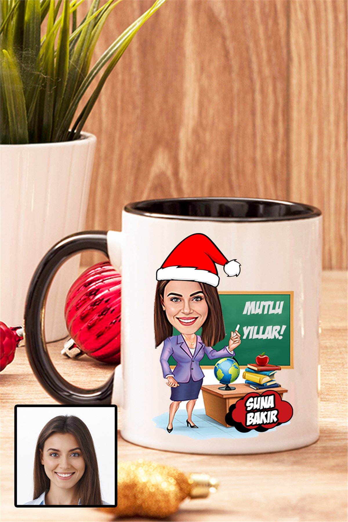 Kadın Öğretmene Yılbaşı Hediyesi Karikatürlü İçi Renkli Kupa Bardak