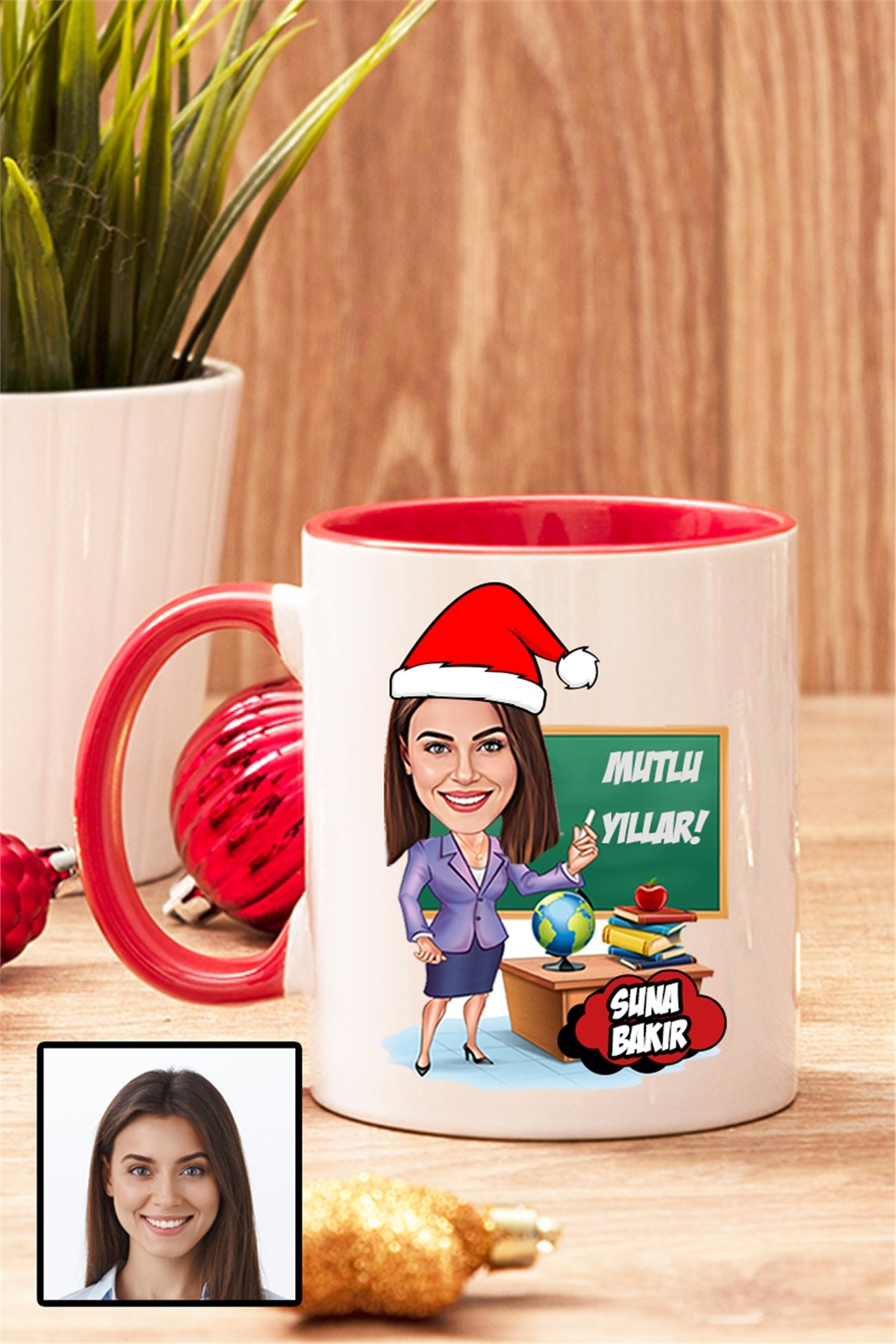 Kadın Öğretmene Yılbaşı Hediyesi Karikatürlü İçi Renkli Kupa Bardak