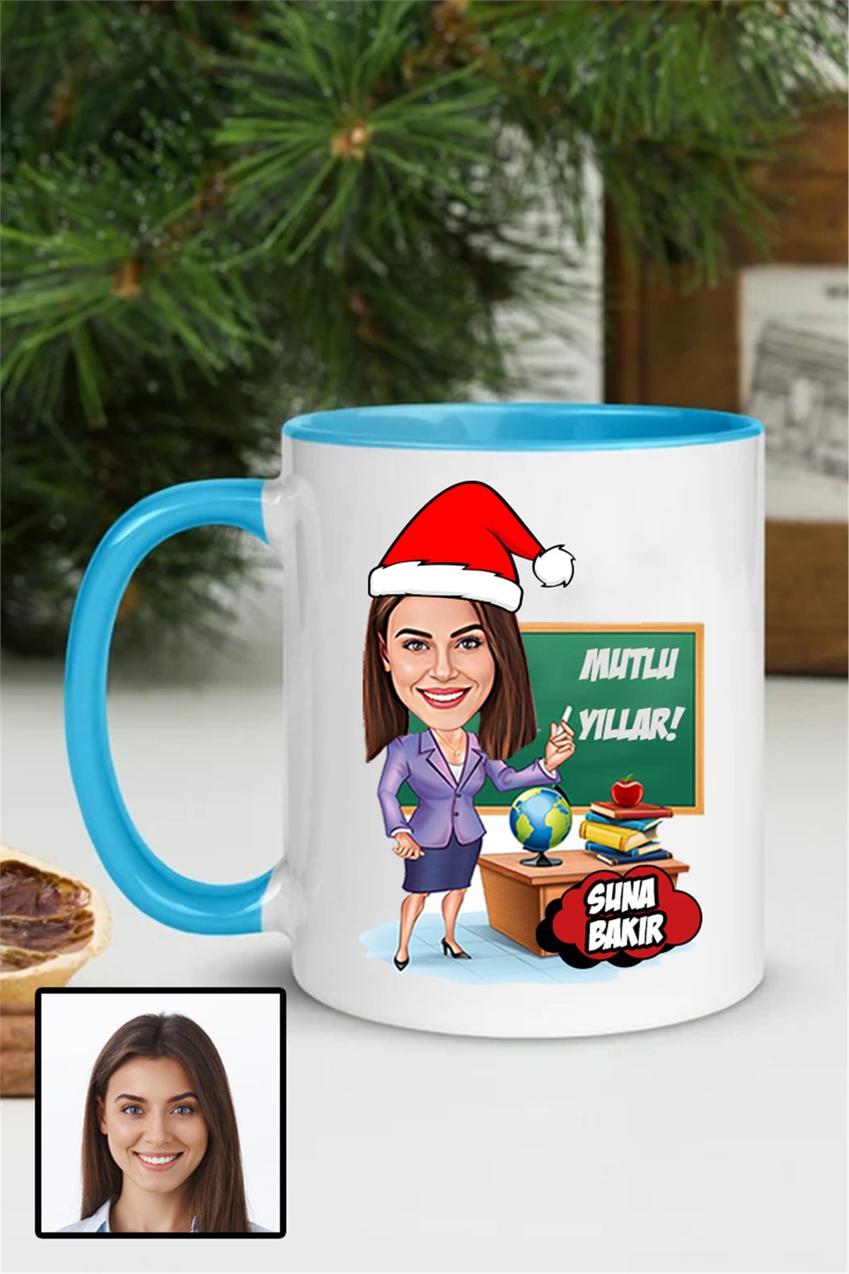 Kadın Öğretmene Yılbaşı Hediyesi Karikatürlü İçi Renkli Kupa Bardak