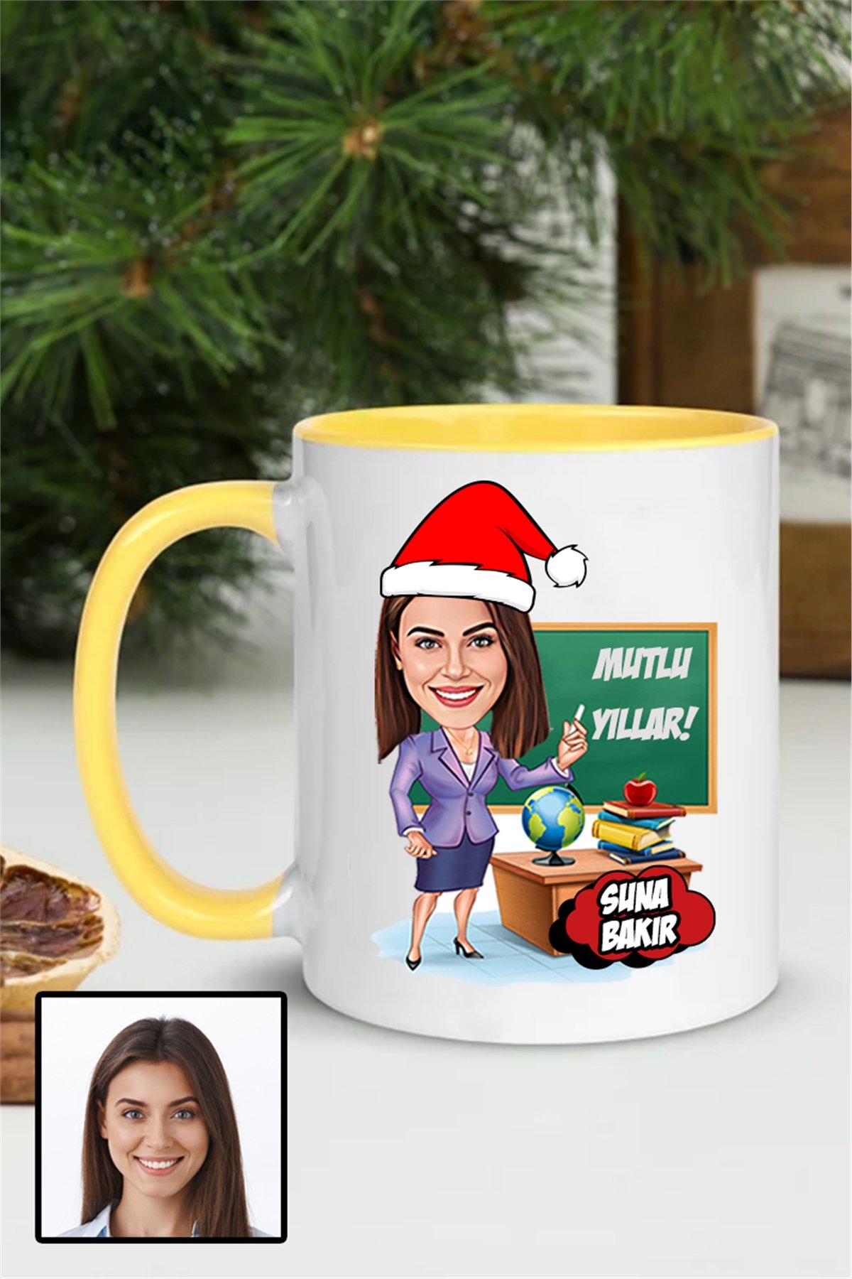 Kadın Öğretmene Yılbaşı Hediyesi Karikatürlü İçi Renkli Kupa Bardak