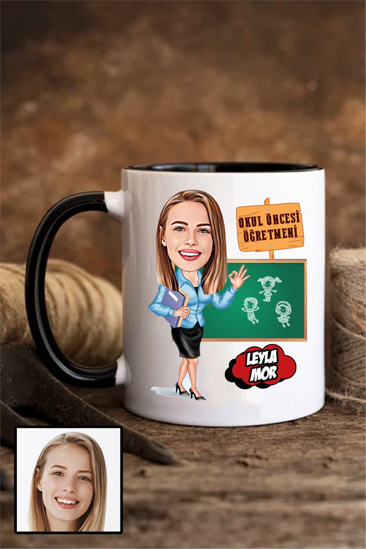 Kadın Okul Öncesi Öğretmenine Özel Hediye Karikatürlü İçi Renkli Kupa Bardak