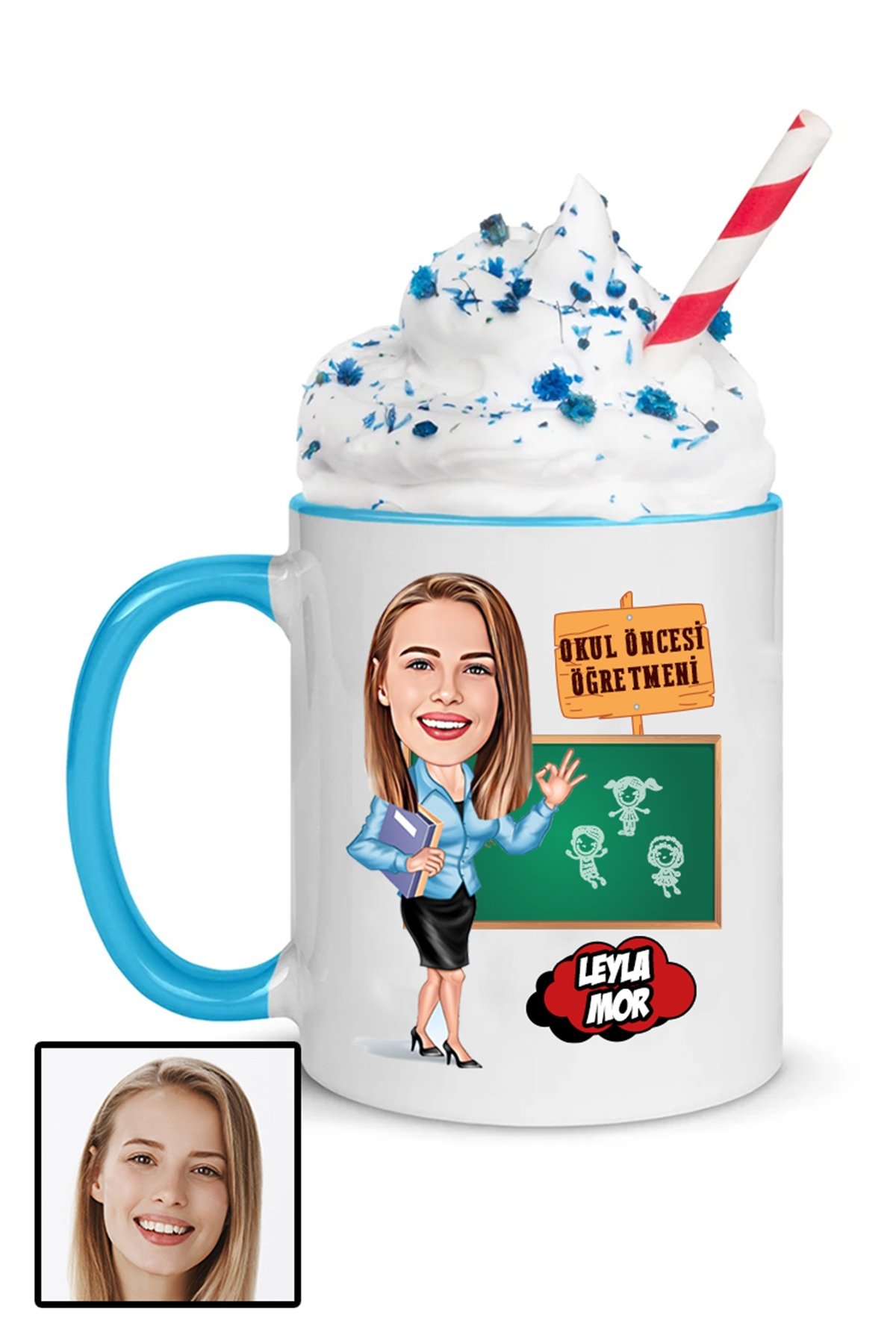 Kadın Okul Öncesi Öğretmenine Özel Hediye Karikatürlü İçi Renkli Kupa Bardak