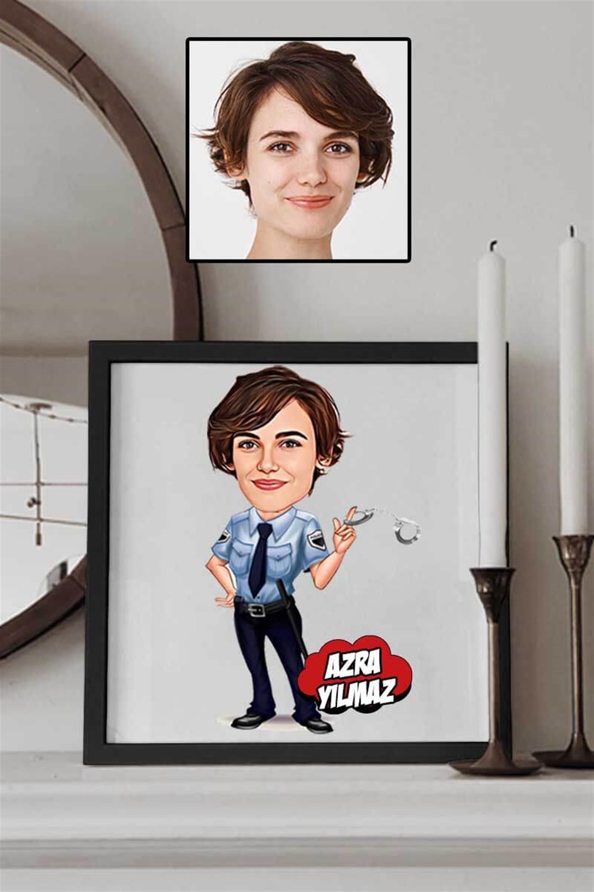 Kadın Polise Hediye Karikatürlü Kare Çerçeve