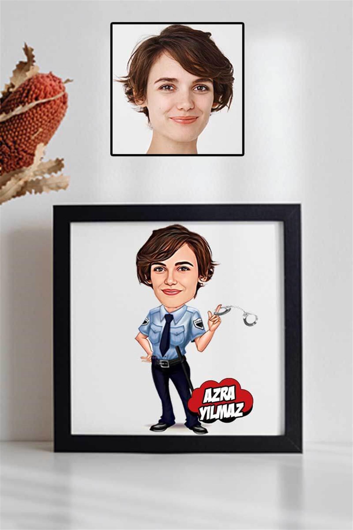 Kadın Polise Hediye Karikatürlü Kare Çerçeve