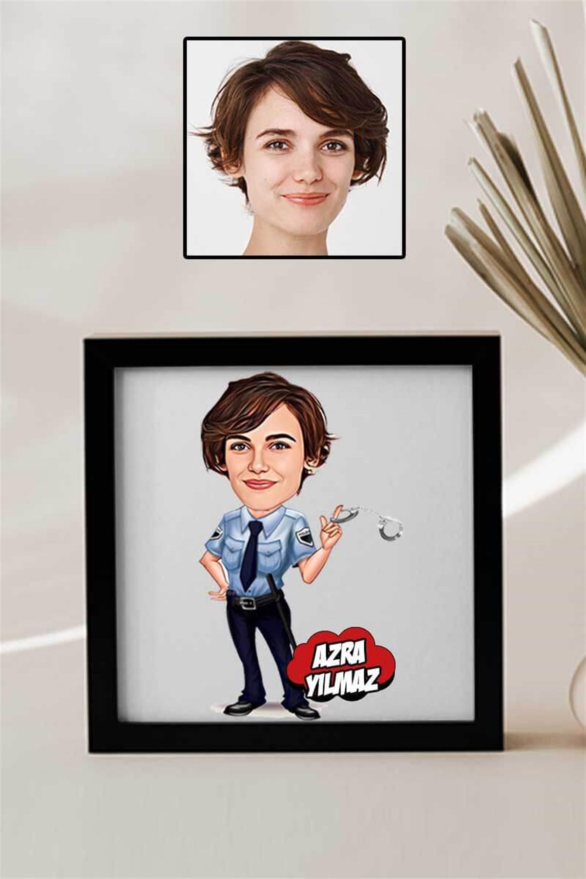 Kadın Polise Hediye Karikatürlü Kare Çerçeve