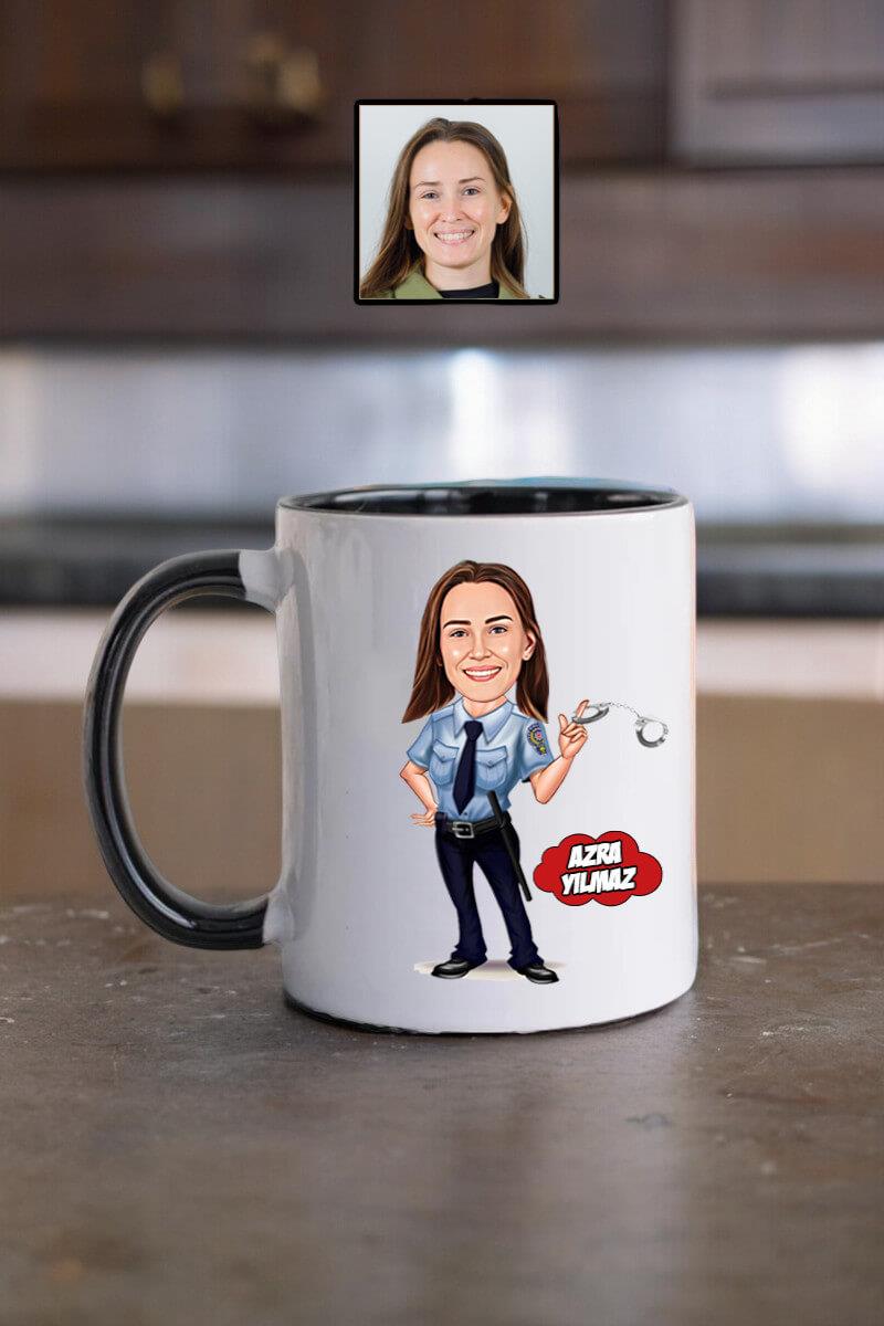 Kadın Polise Hediye Kişiye Özel Karikatürlü Kupa Bardak