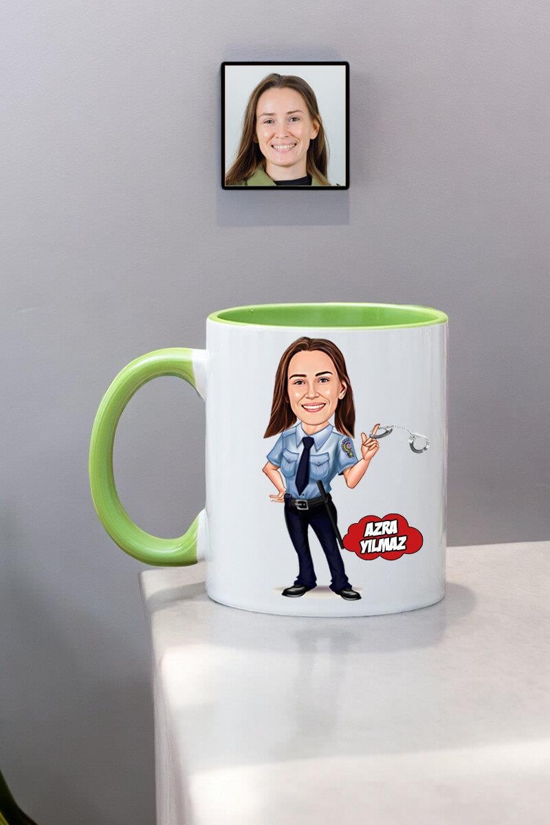 Kadın Polise Hediye Kişiye Özel Karikatürlü Kupa Bardak