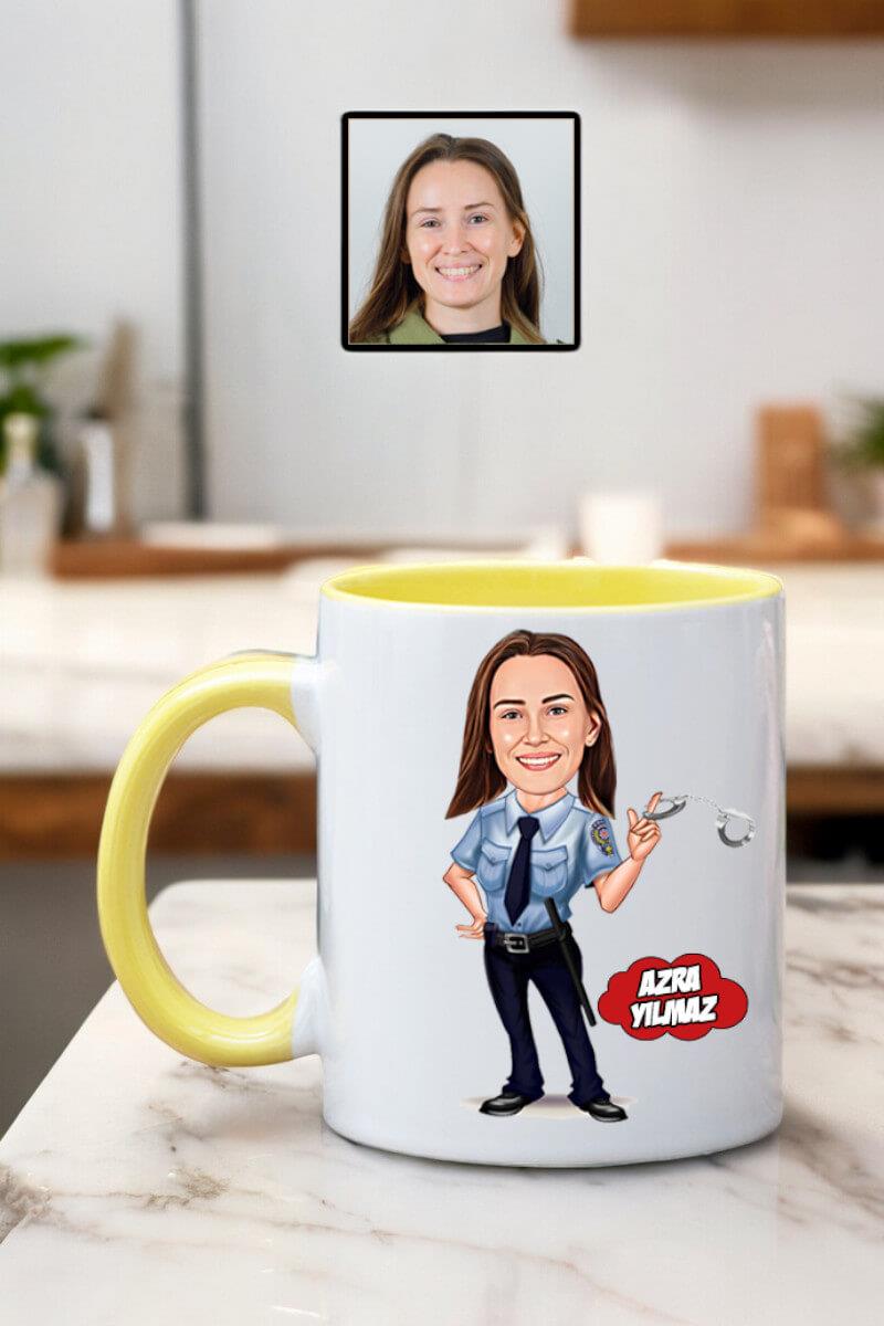 Kadın Polise Hediye Kişiye Özel Karikatürlü Kupa Bardak