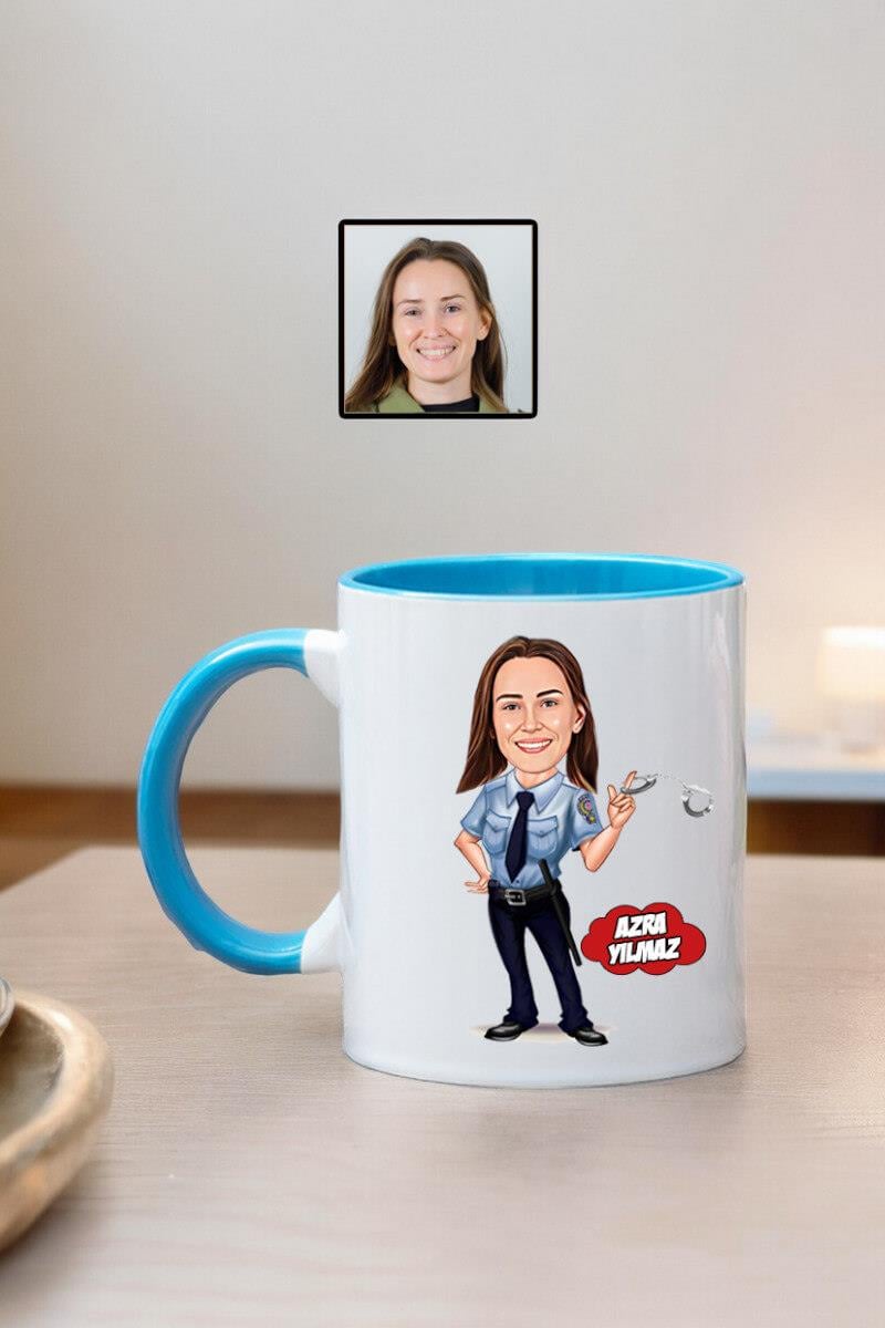 Kadın Polise Hediye Kişiye Özel Karikatürlü Kupa Bardak