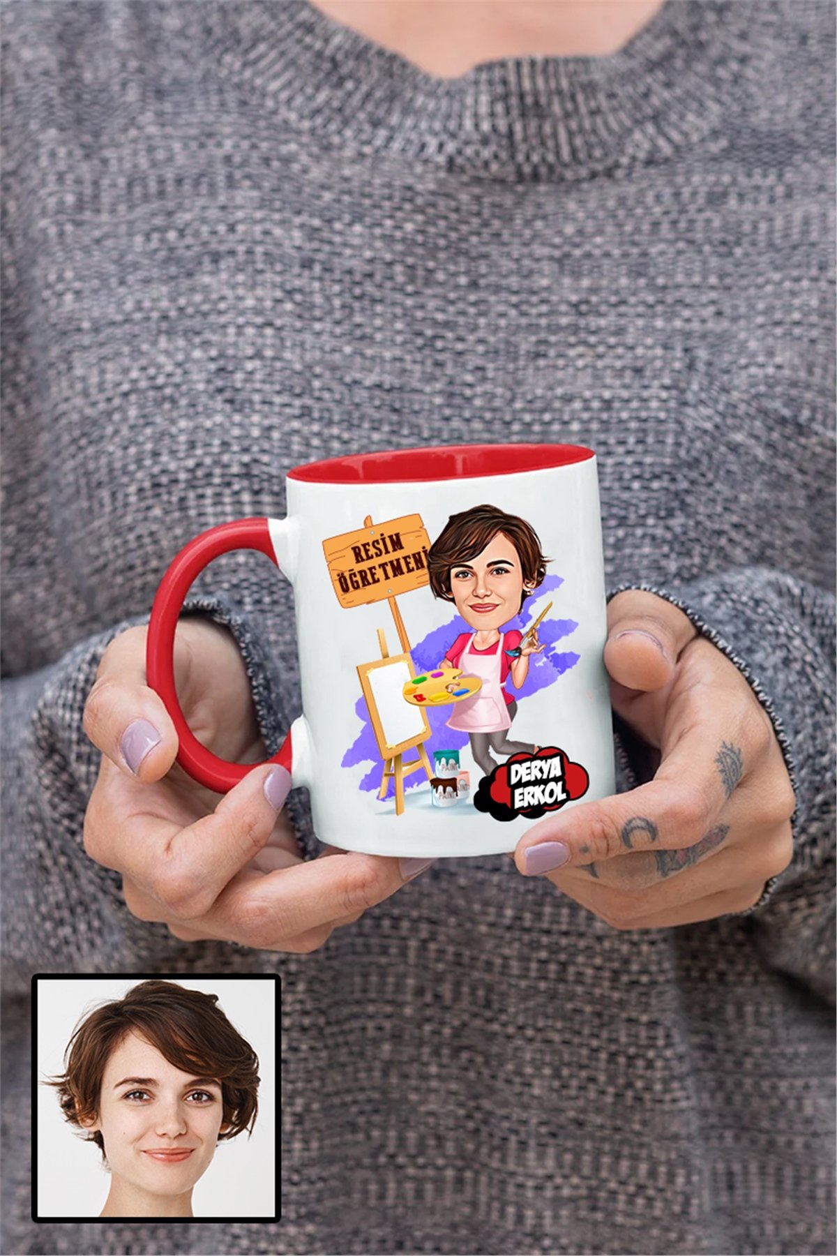 Kadın Resim Öğretmenine Özel Hediye Karikatürlü İçi Renkli Kupa Bardak
