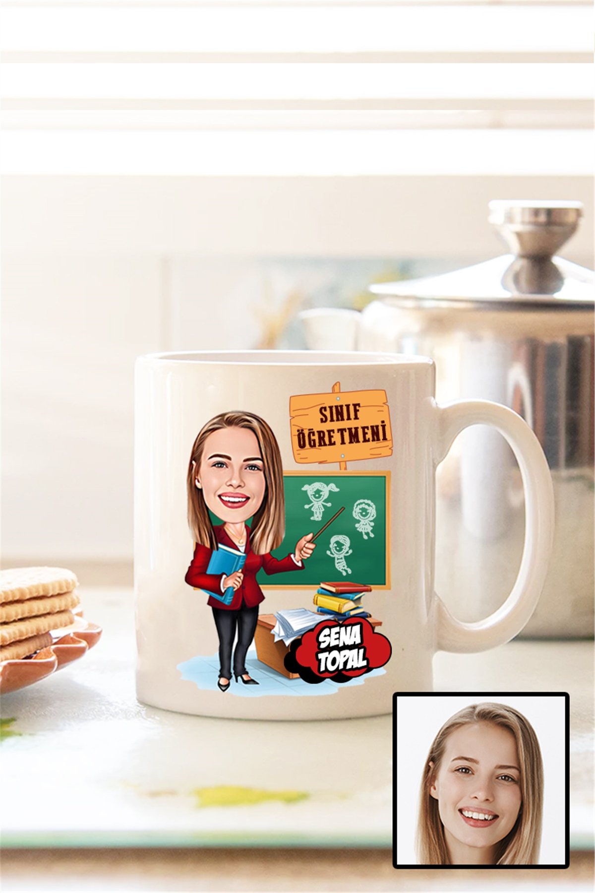 Kadın Sınıf Öğretmenine Hediye Karikatürlü Beyaz Kupa Bardak