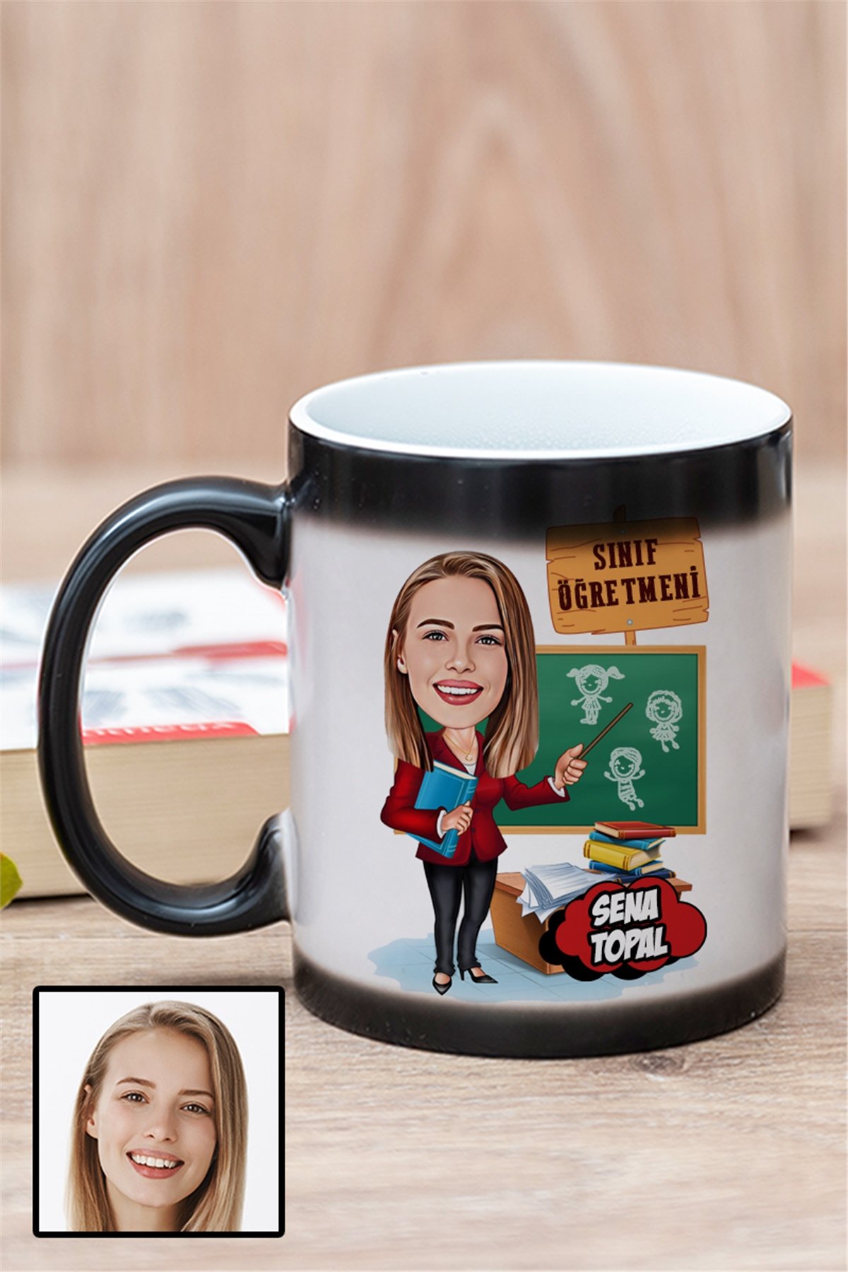 Kadın Sınıf Öğretmenine Kişiye Özel Hediye Karikatürlü Sihirli Kupa Bardak