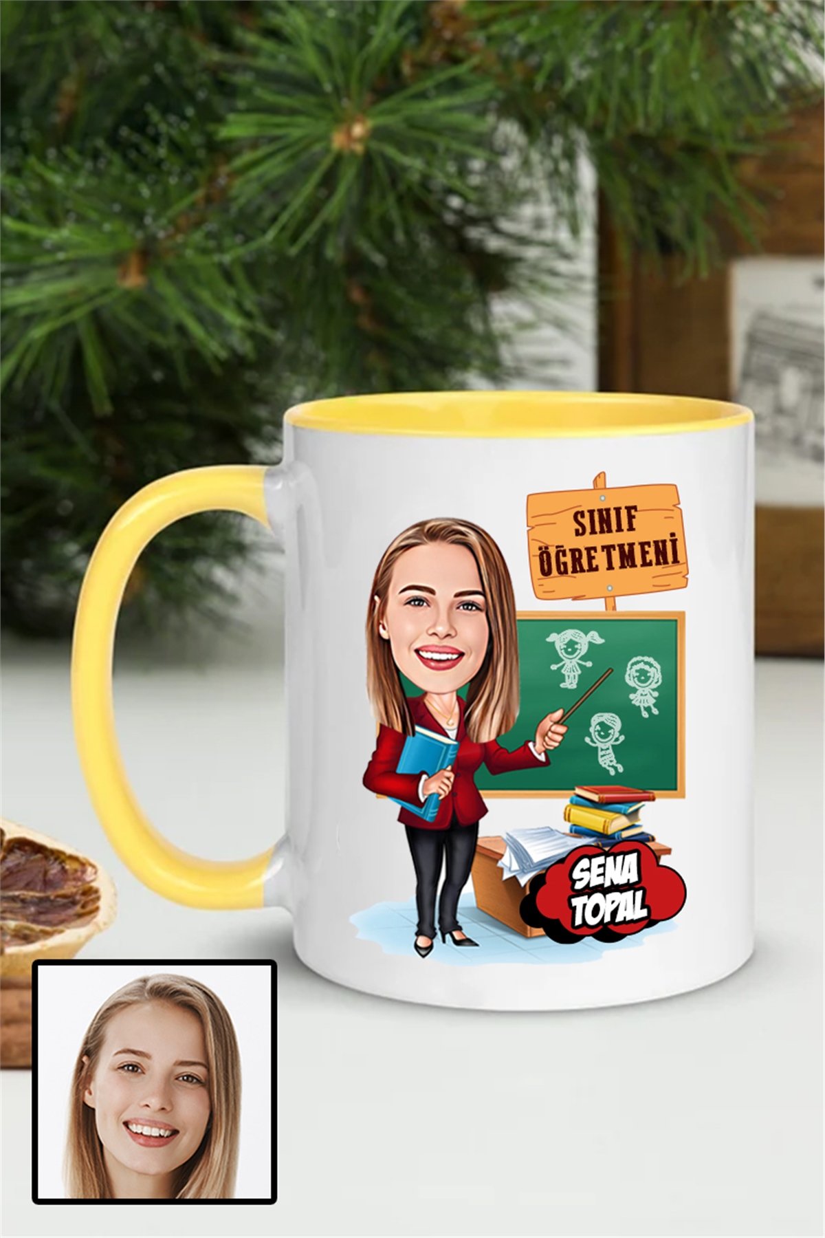 Kadın Sınıf Öğretmenine Özel Hediye Karikatürlü İçi Renkli Kupa Bardak