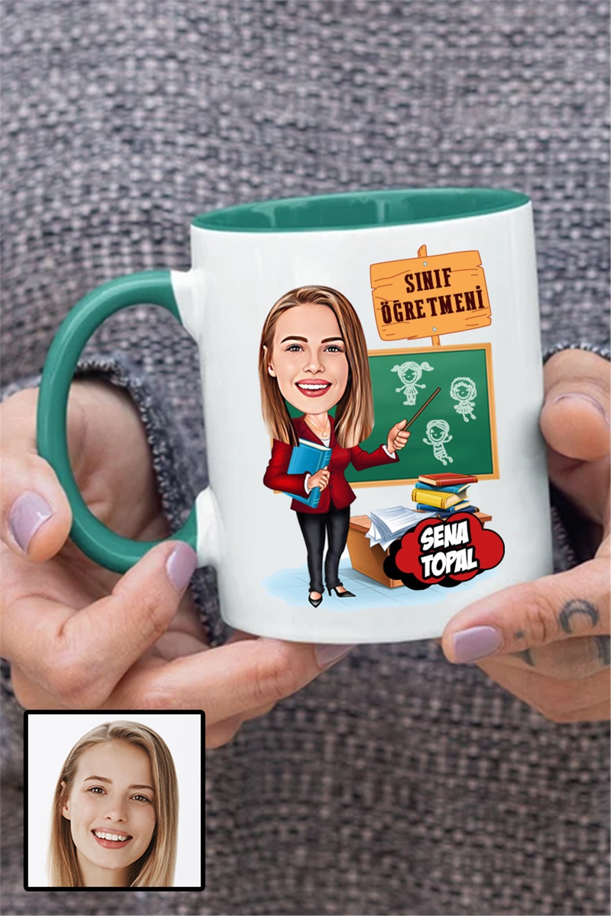 Kadın Sınıf Öğretmenine Özel Hediye Karikatürlü İçi Renkli Kupa Bardak