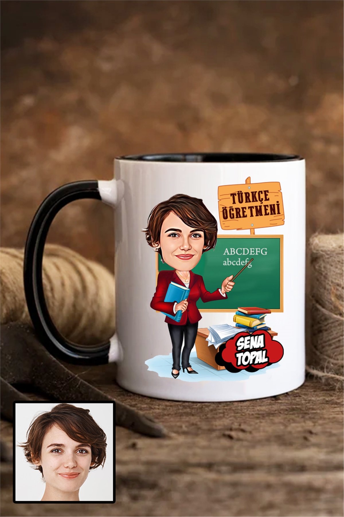 Kadın Türkçe Öğretmenine Özel Hediye Karikatürlü İçi Renkli Kupa Bardak