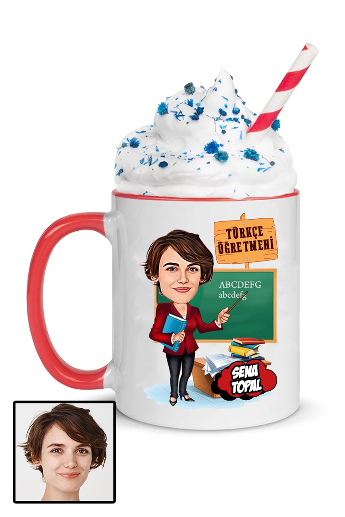 Kadın Türkçe Öğretmenine Özel Hediye Karikatürlü İçi Renkli Kupa Bardak