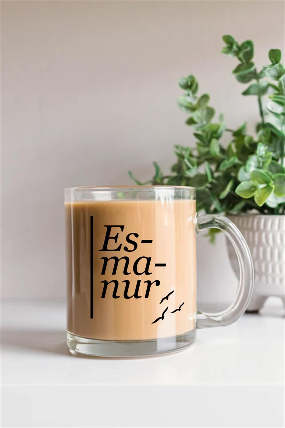 Kadına Hediye İsme Özel Heceli Tasarım Cam Kahve Kupası