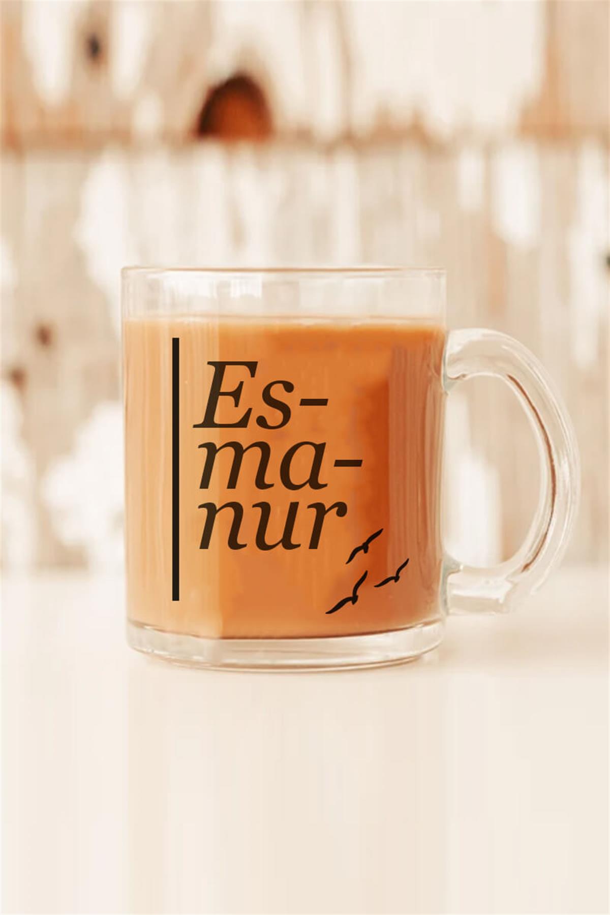 Kadına Hediye İsme Özel Heceli Tasarım Cam Kahve Kupası