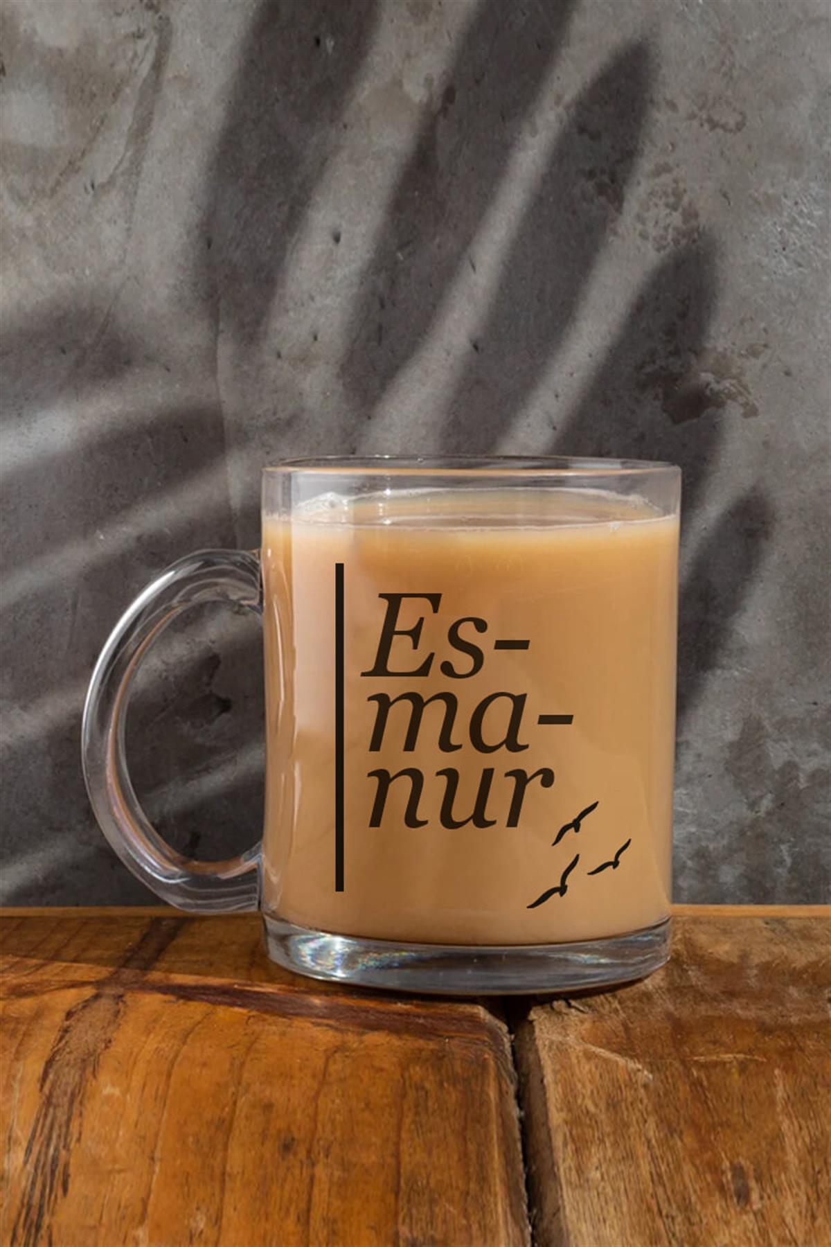 Kadına Hediye İsme Özel Heceli Tasarım Cam Kahve Kupası