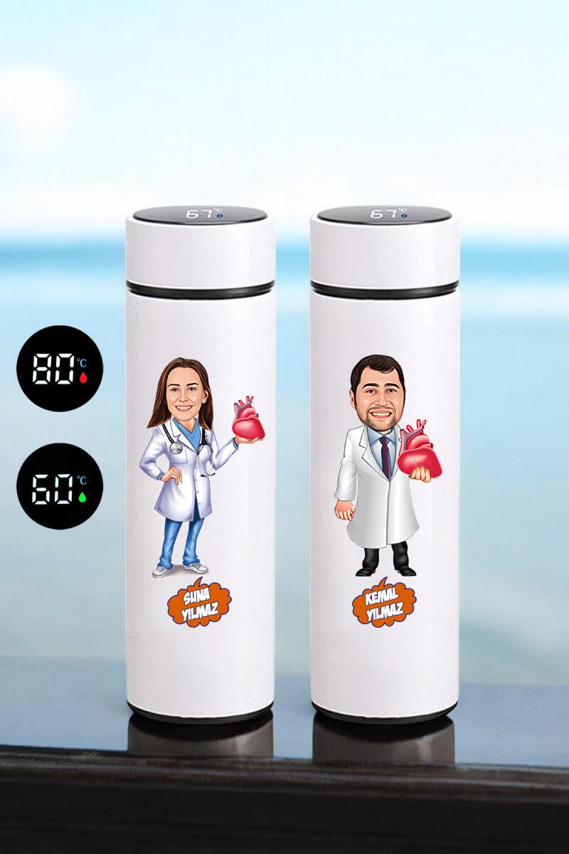 Kalp Doktoruna Hediye Dijital Sıcaklık Göstergeli Çelik Termos