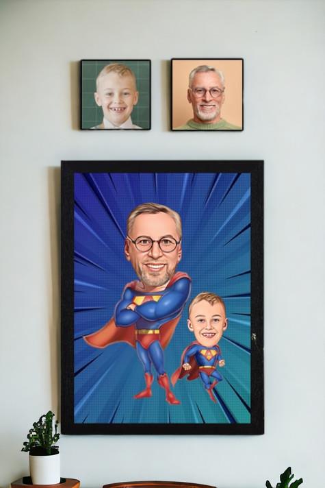 Kişiye Özel Baba Oğul Hediyesi Süper Kahraman Karikatürlü Hediyelik Çerçeve