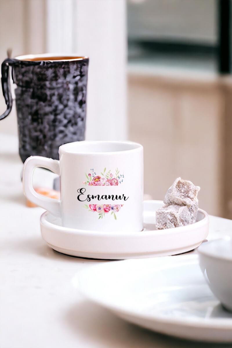 Kişiye Özel Çiçek Çerçeveli İsimli Concept Türk Kahvesi Fincanı