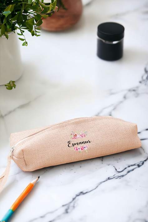 Kişiye Özel Çiçek Çerçeveli İsimli Keten Bez Kalemlik