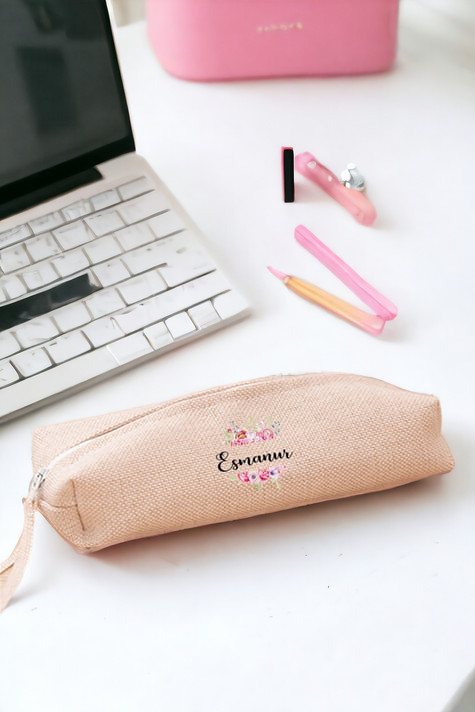 Kişiye Özel Çiçek Çerçeveli İsimli Keten Bez Kalemlik