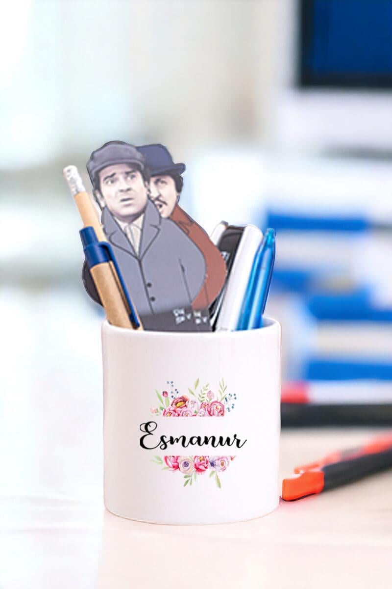 Kişiye Özel Çiçek Çerçeveli İsimli Seramik Kalemlik