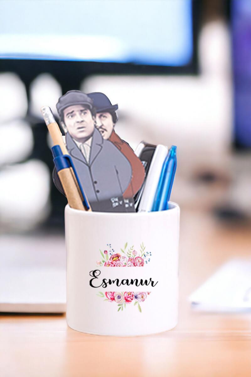 Kişiye Özel Çiçek Çerçeveli İsimli Seramik Kalemlik