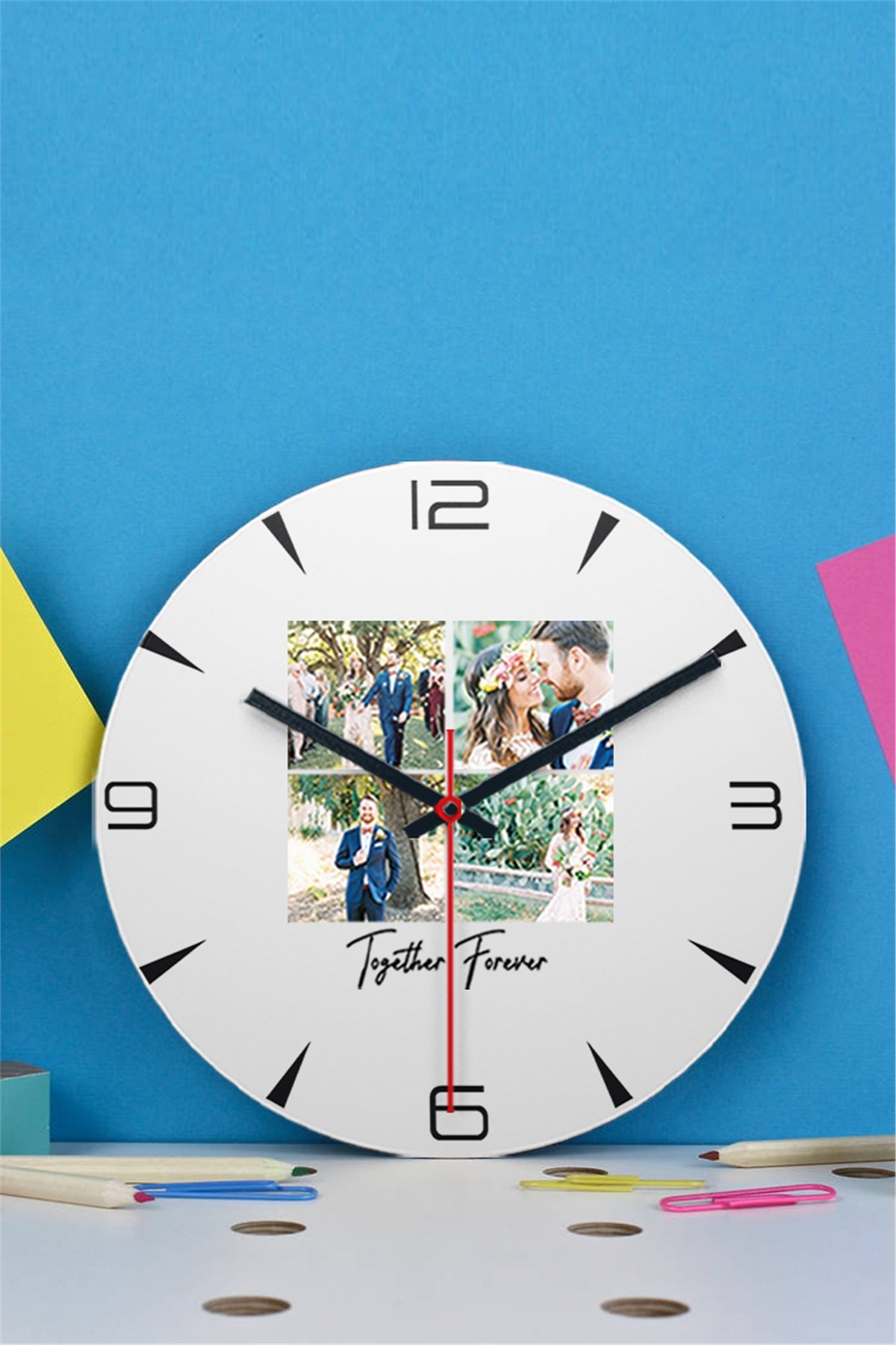 Kişiye Özel Dört Fotoğraflı Kupa Bardak Ahşap Duvar Saati