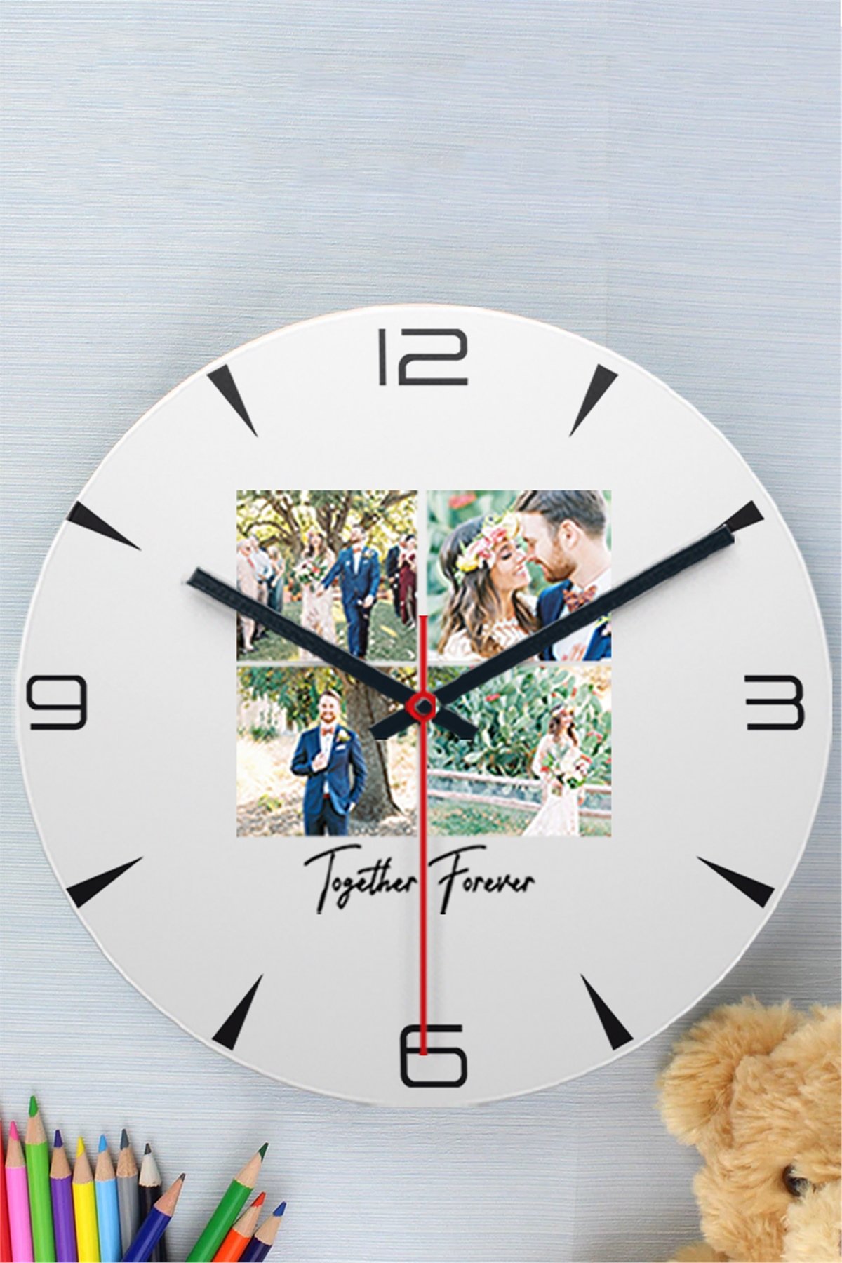 Kişiye Özel Dört Fotoğraflı Kupa Bardak Ahşap Duvar Saati