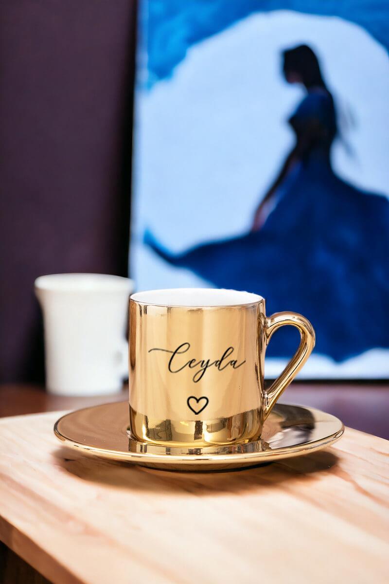 Kişiye Özel El Yazısı Tasarımlı İsimli Gold - Silver Türk Kahvesi Fincanı