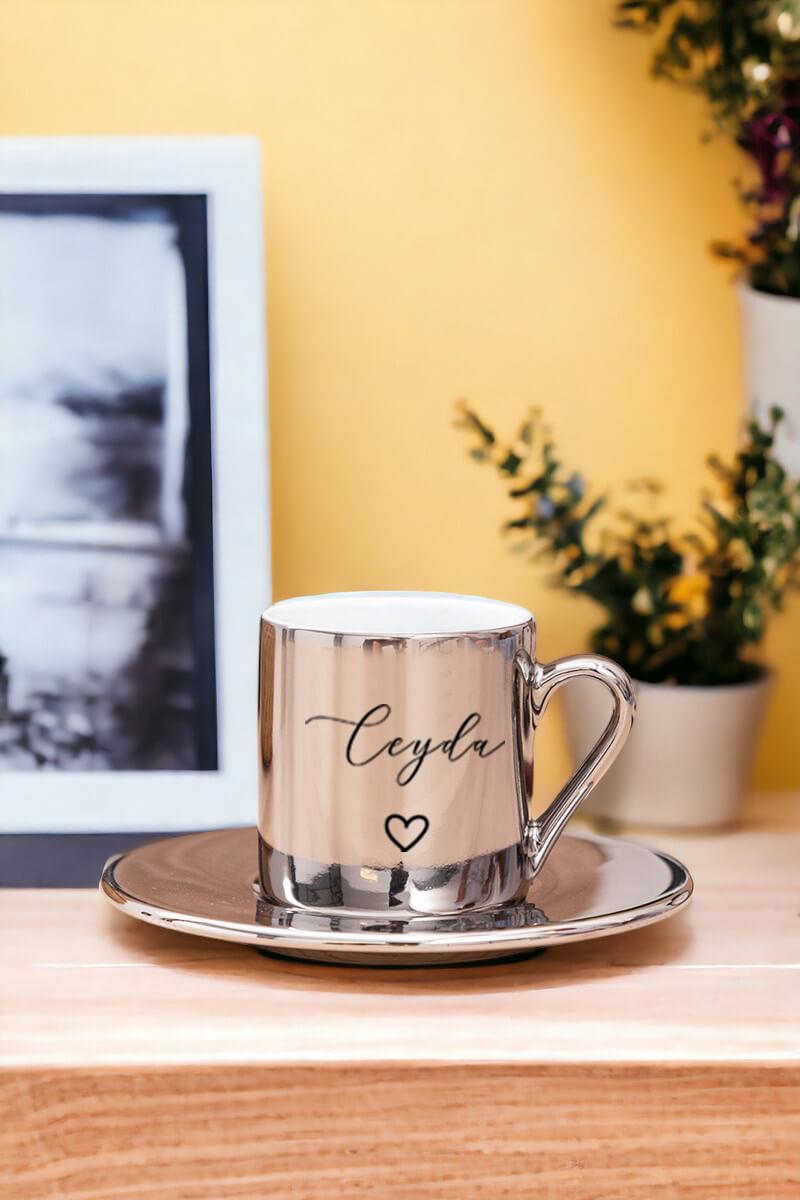 Kişiye Özel El Yazısı Tasarımlı İsimli Gold - Silver Türk Kahvesi Fincanı