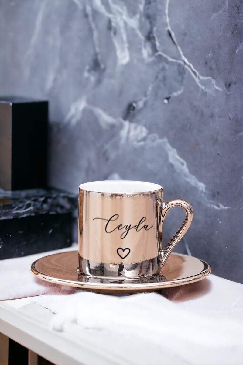 Kişiye Özel El Yazısı Tasarımlı İsimli Gold - Silver Türk Kahvesi Fincanı