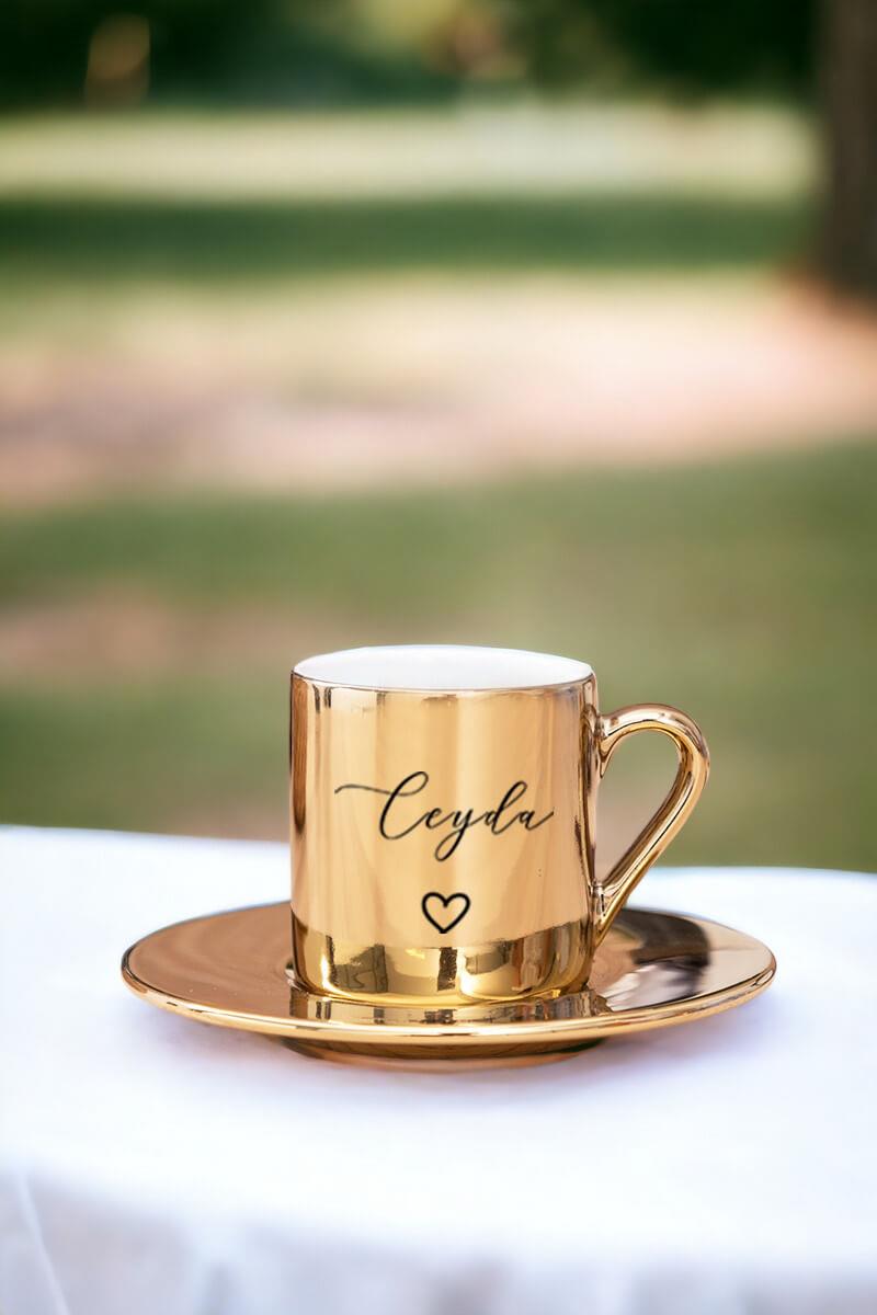 Kişiye Özel El Yazısı Tasarımlı İsimli Gold - Silver Türk Kahvesi Fincanı