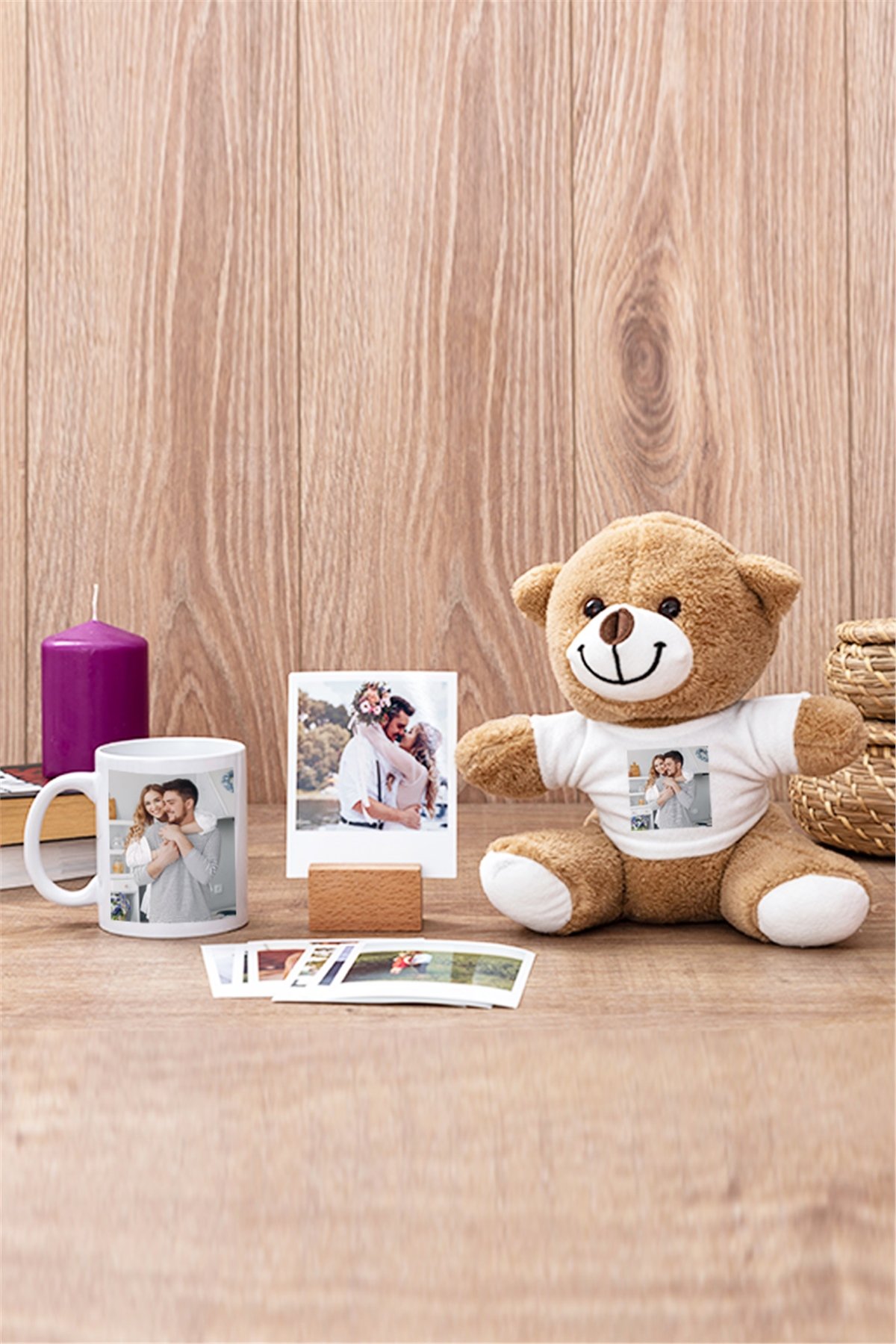 Kişiye Özel Fotoğraflı Beyaz Kupa Bardak Peluş Ayı ve Polaroid Fotoğraf Seti
