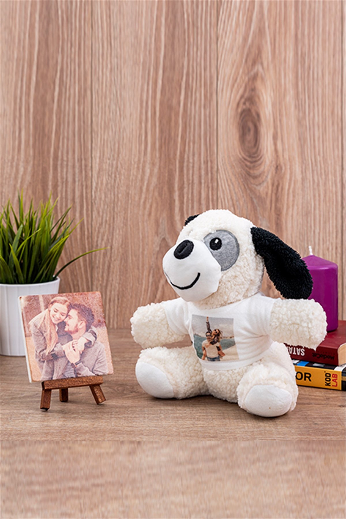 Kişiye Özel Fotoğraflı Peluş Köpek ve Taş Masa Dekoru