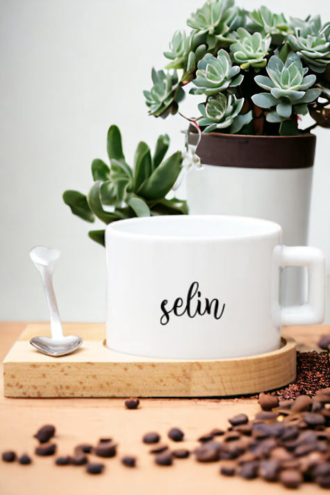 Kişiye Özel İsim Yazılı Ahşap Altlıklı Çay ve Kahve Fincanı
