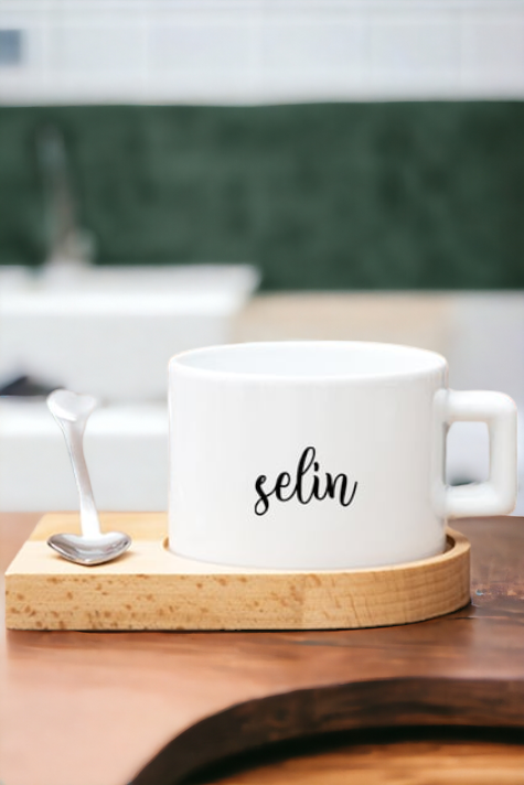 Kişiye Özel İsim Yazılı Ahşap Altlıklı Çay ve Kahve Fincanı