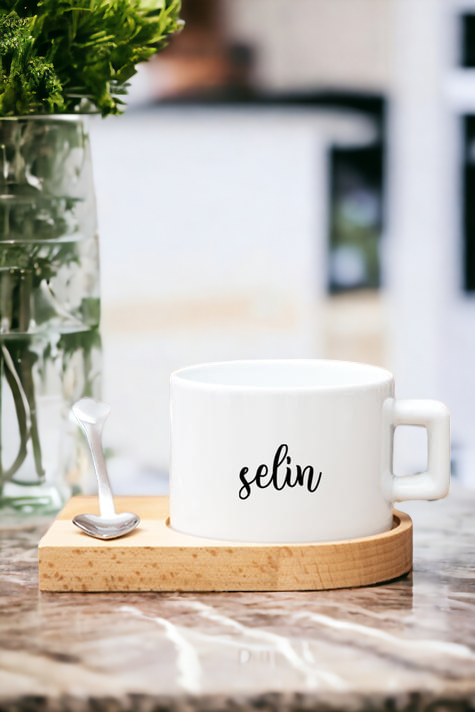 Kişiye Özel İsim Yazılı Ahşap Altlıklı Çay ve Kahve Fincanı