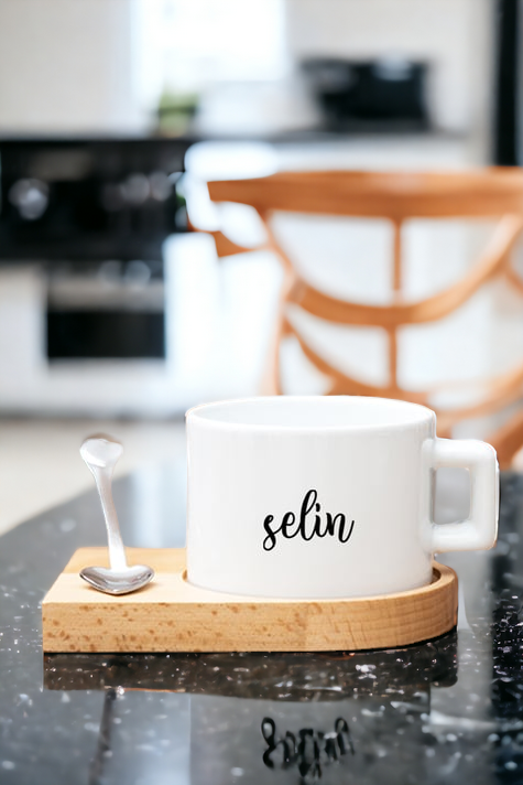 Kişiye Özel İsim Yazılı Ahşap Altlıklı Çay ve Kahve Fincanı
