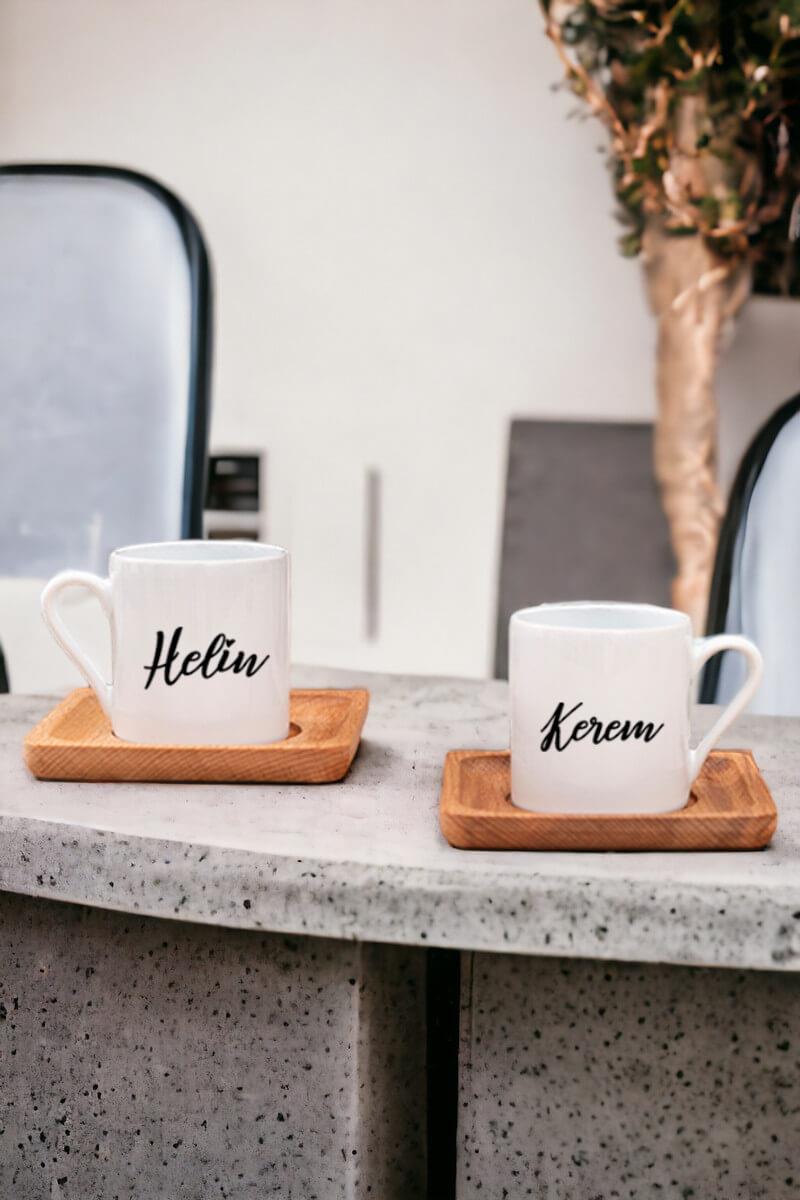 Kişiye Özel İsim Yazılı İkili Ahşap Altlıklı Türk Kahvesi Fincanı