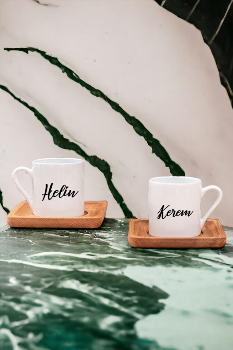Kişiye Özel İsim Yazılı İkili Ahşap Altlıklı Türk Kahvesi Fincanı